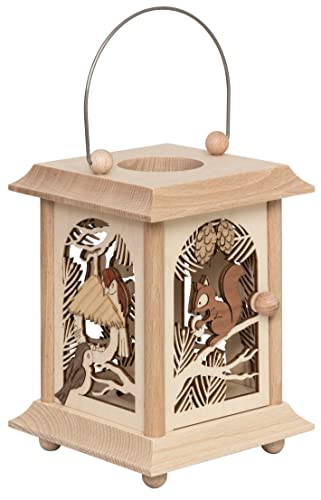 Drechslerei Kuhnert Tischlaterne/Teelichthalter - Motiv: Eichhörnchen mit Vögeln aus Edelholz - Maße: 11,5 x 11,5 x 17cm - Made in Germany von Kuhnert