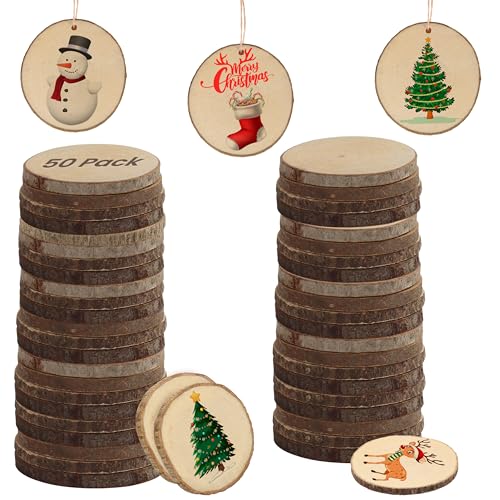 Kurtzy Natürliche Runde Holzscheiben zum Basteln (50er Pack) - 3-5cm Durchmesser - Holzscheiben Rund mit Rinde und Ohne Loch - Holzschilder zum Beschriften für DIY Kunst und Weihnachtsschmuck von Kurtzy