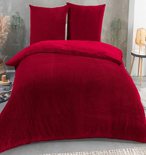 Kuscheli® Winter Wende Plüsch Bettwäsche 135 x 200 od. 155 x 220 mit 80x80 Kissenbezug Cashmere-Touch Coral Fleece Deckenbezug, Farbe:ROT, Größe:200x200 + 2X 80x80 von Kuscheli