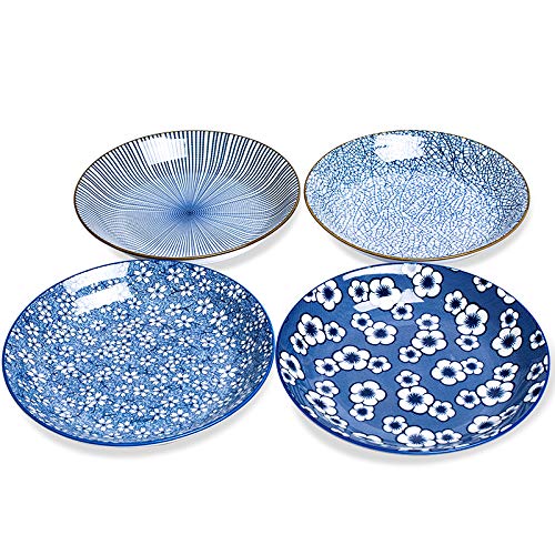 23 cm Porzellan-Schüssel-Set, 963 ml, 4 Stück, flache Schalen für Nudeln, Salat, Müsli, verschiedene klassische blaue Muster. von Kylimate