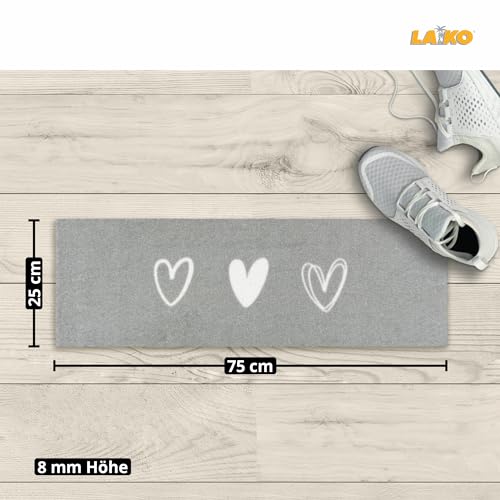 LA KO Waschbare Fußmatte 25 x 75 cm - hochwertig Bedruckte Fußmatte aus Deutschland - Türmatten mit modernem Design (3 Herzen) von LA KO