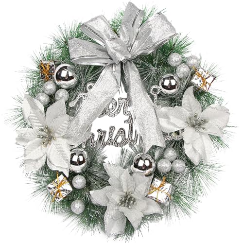 Künstlicher Weihnachtskranz für Haustür, 40 cm Silberne Weihnachtskränze hängende Weihnachts -Türkranz mit Weihnachten Baubles, Weihnachtsblumen, Bogen von LAANCOO