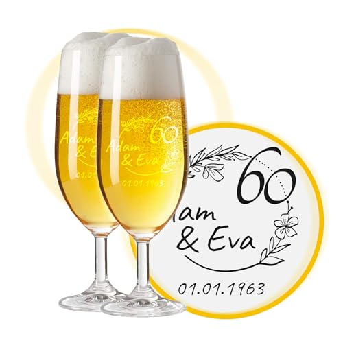LALALO Biergläser mit Gravur zum 60. Hochzeitstag, Geschenk zur Diamanten Hochzeit, Leonardo Pils Biertulpe personalisiert, Jahrestag (Blütenträume) von LALALO