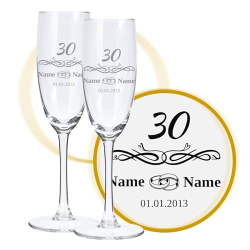 LALALO Sektglas mit Gravur 30. Hochzeitstag (2 St.), Perlen-Hochzeit Sektgläser Geschenk personalisiert/graviert, Jahrestag (Blütenträume) von LALALO
