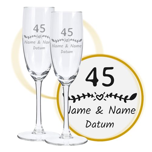 LALALO Sektglas mit Gravur 45. Hochzeitstag (2 St.), Messinghochzeit Sektgläser Geschenk personalisiert/graviert, Jahrestag (Blumenherz) von LALALO