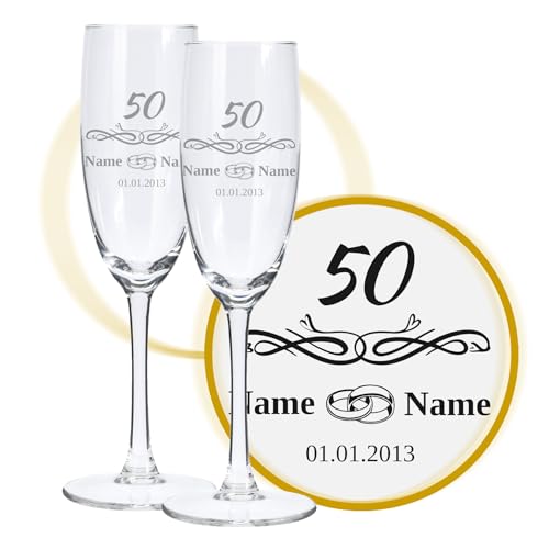 LALALO Sektglas mit Gravur 50. Hochzeitstag (2 St.), Goldenen Hochzeit Sektgläser Geschenk personalisiert/graviert, Jahrestag (Herzfunken) von LALALO