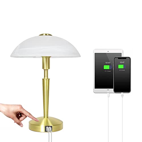 Nachttischlampen, Touch Lampe mit 2 USB Ladeanschlüssen, Glas Lampenschirm Tischlampe Dimmbar Schreibtischlampe für Schlafzimmer, Wohnzimmer, Lesen, Arbeitszimmer (Gold) von LALISU
