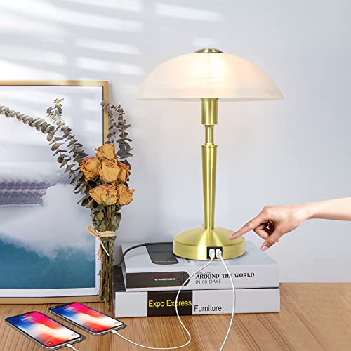 LALISU Tischleuchte mit Touchdimmer in Messing matt, Touch-Me-Funktion(3 Helligkeitsstufen), Glas alabasterfarbig weiß, Nachttischlampe für Schlafzimmer Wohnzimmer Büro (Gold-01) von LALISU