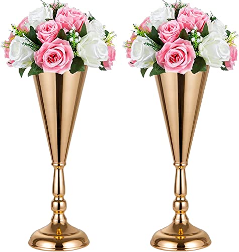 2 x Metall-Trompetenvasenständer für Hochzeit, Tafelaufsatz, goldener Blumenständer für Zuhause, Büro, Veranstaltung, Tischdekoration, Wohnzimmer, Party-Dekor (Gold, 2 × M) von LANLONG