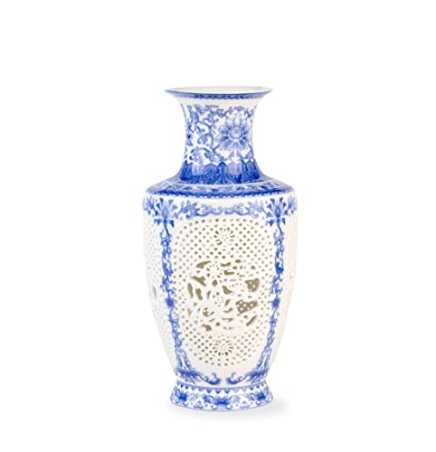 Blaue und weiße Keramikvase, chinesische handgefertigte ausgehöhlte Porzellanvasen, 28 cm hoch, handgefertigte Flaschenvasen, Ingwergläser, Keramikblumenvase für Tischdekoration, Wohnzimmer von LANLONG