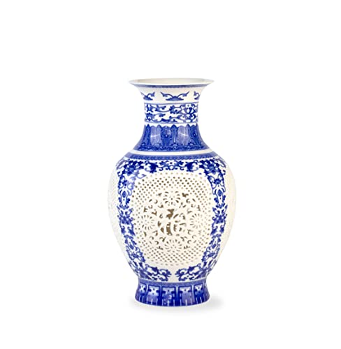 Keramikvase mit hohler Kunst, 28 cm hoch, blaue und weiße Vase, Keramik, Blumenvase, handgefertigt, klassische Porzellan-Flaschenvasen für Tischdekoration von LANLONG