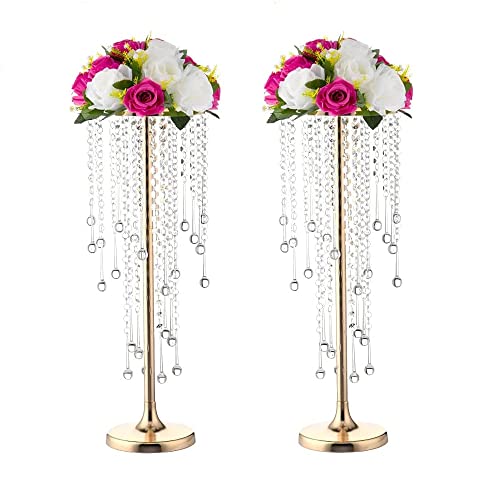 LANLONG 2 Stück Heimdekoration Blume Tafelaufsatz Acryl Kristall Hochzeit Straßenbewegende Vasen Gold Hochzeit Dekor Vase Mittelstücke Hochzeit Blumenvasen Metall Kristall Blumenvasen (55 cm) von LANLONG