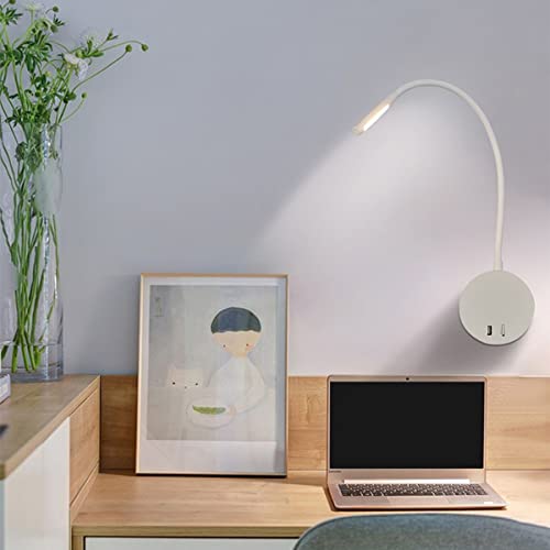 LANMOU 3W Leselampe Wandmontage LED Schwanenhals Lampe mit Schalter und USB Anschluss, Modern Flexible LED Bettleuchte, Aluminium LED Wandleuchte Schlafzimmer, 3000K Warmweiß (White) von LANMOU