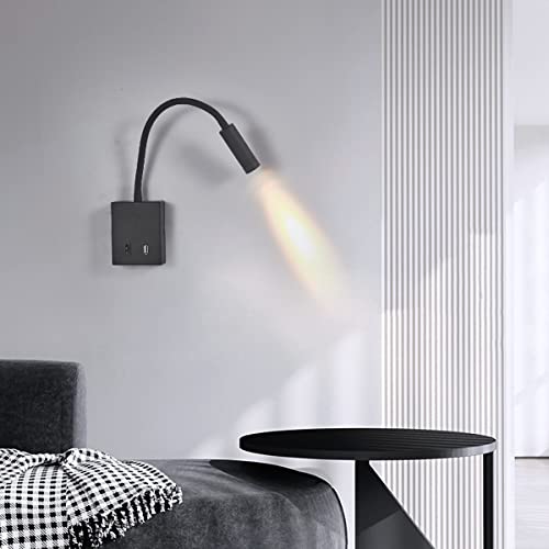 LANMOU LED Leselampe Wandmontage Aluminium Flexible Schwanenhals Lampe mit Schalter und USB Anschluss, 3W Bett Leseleuchte, Modern Schlafzimmer Wandlampe, 3000K Warmweiß (Black) von LANMOU