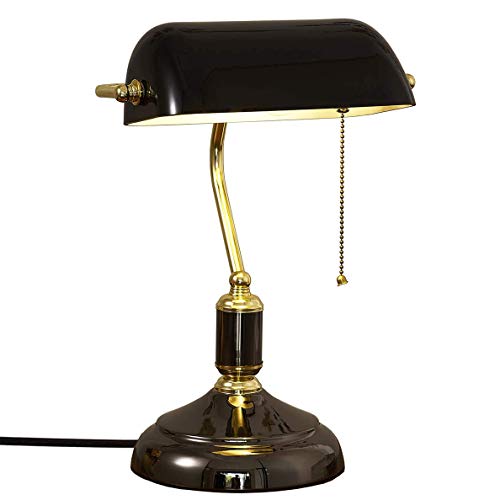 LANMOU Retro Tischlampe, Traditionelle Bankerlampe mit Zugschalter, Vintage Schreibtischlampe Antik Bibliothekslampe, Schwarz Lampenschirm aus Glas, Nachttischlampe für Schlafzimmer (Schwarz und Gold) von LANMOU