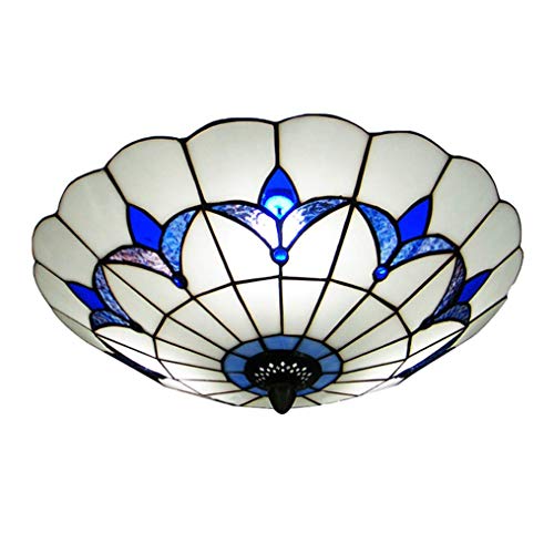 LANMOU Tiffany Style Deckenleuchte Unterputz Deckenlampe Mediterrane Glasschirmlampe Halbunterputz Deckenbeleuchtung mit E27-Glühbirnen Blau und Weiß,Ø40cm von LANMOU