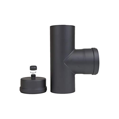 LANZZAS Pelletrohr T-Stück im Durchmesser 100 mm - Farbe: schwarz - mit Reinigungskapsel und Kondensatablauf von LANZZAS