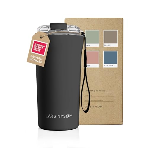 LARS NYSØM Thermo Kaffeebecher-to-go mit Trageschlaufe & Tritan Deckel | BPA-freier Travel Mug 0,5 Liter mit Isolierung | Auslaufsicherer Edelstahl Thermobecher für Café & Tee (Onyx Black, 500ml) von LARS NYSØM