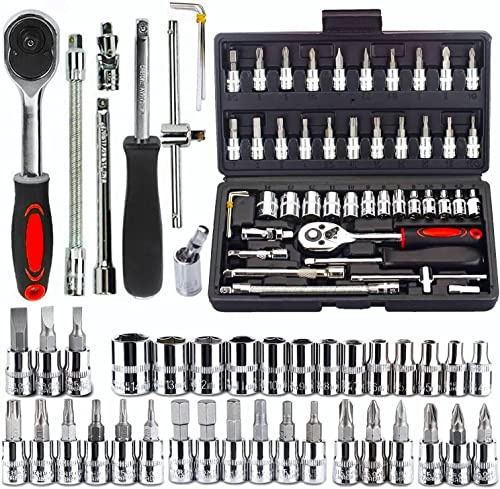 LATERN 46 Stück Steckschlüssel Set, 34 Stück 1/4 Zoll Antrieb Steckschlüssel Bit & Treiber - mit Flexiblen Verlängerungsstangen, Schnellspann Umschaltknarre, Schraubenschlüsselgriff -für Autoreparatur von LATERN