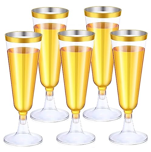 LATERN 50 Stück Champagnergläser mit Gold Rand, 150ml Champagnergläser aus Kunststoff Wiederverwendbare Party Weinbecher mit Stiel für Garten Hochzeit Jubiläum Dusche Partys (5,5 x 16,5cm) von LATERN