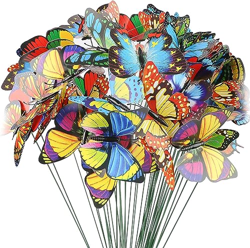 LATERN 60 Stück Garten Schmetterling Spfähle, 9CM Bunte Schmetterlings Ornamente wasserdichte 3D PVC Schmetterling Spfähle für den Außenbereich Hof Terrasse Pflanzgefäß Blumentopf Garten Dekoration von LATERN
