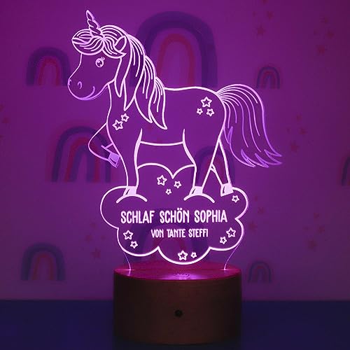 LAUBLUST 3D LED Nachtlicht Kinder - Personalisiert, Farbwechselnd, Holz Sockel - Geschenk für Kinder | Einhorn Motiv von LAUBLUST