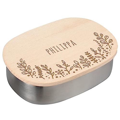 LAUBLUST Brotdose Personalisiert - Edelstahl Lunchbox mit Holzdeckel & Floral Motiv - Geschenk Erwachsene & Kinder von LAUBLUST