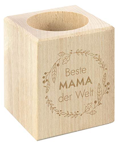LAUBLUST Teelichthalter mit Gravur - Beste Mama der Welt - Geschenk für Mutter | Teelicht aus Holz, ca. 6 x 6 x 7 cm von LAUBLUST