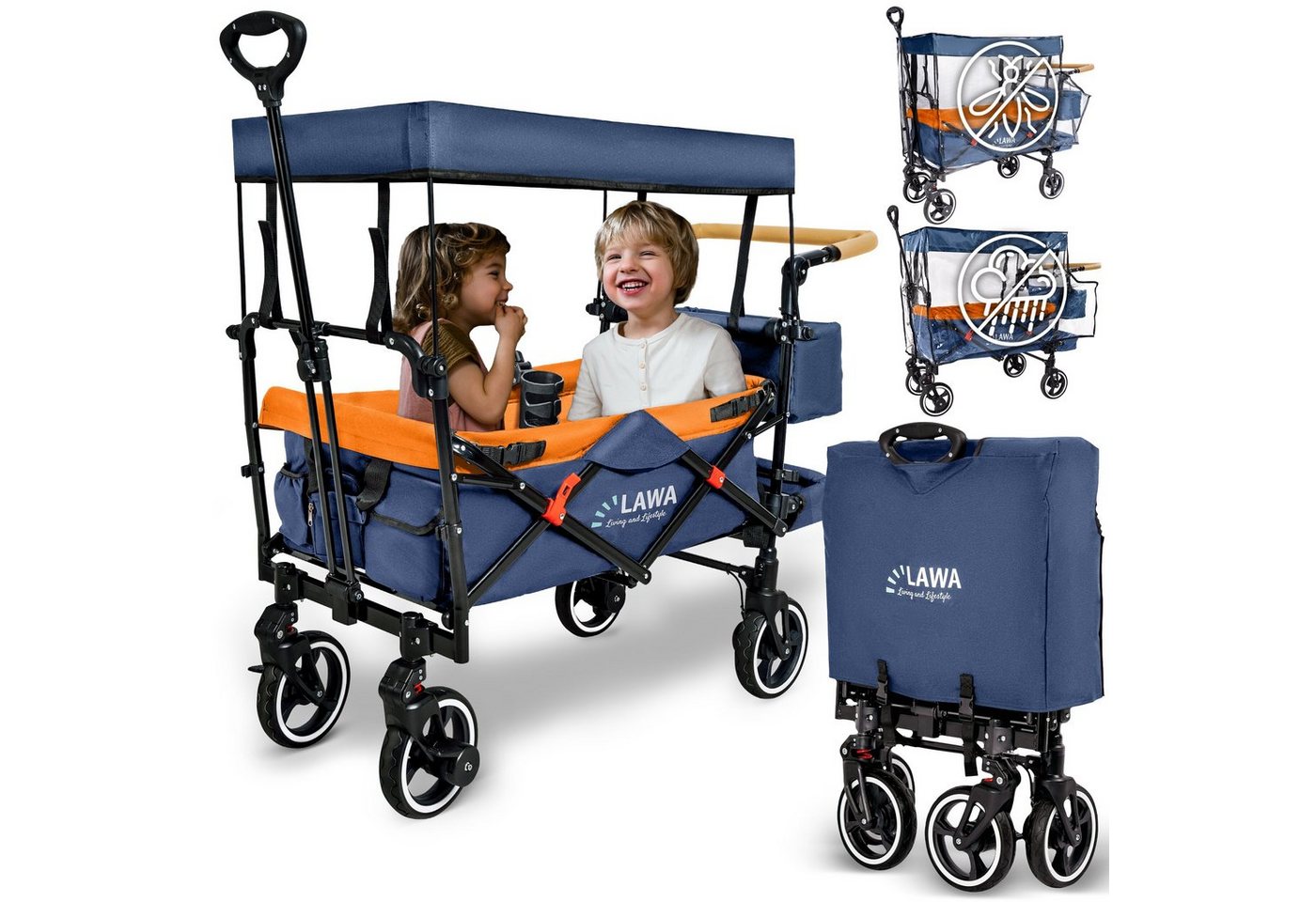 LAWA Living and Lifestyle Bollerwagen faltbar mit Dach und Sitz für Kinder zum schieben und ziehen (Handwagen klappbar, Komplettset mit 360° Rädern, Regenschutz, Moskitonetz, Becherhalter), Blau / Orange, 80kg Tragkraft von LAWA Living and Lifestyle