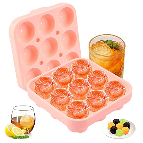 Silikon Eiswürfelform Rose, 9-Fach Ice Cube Tray 3D Rosen Eiswürfelbehälter mit Deckel, Wiederverwendbare Eiswürfelformen BPA-Frei für Eis, Whiskey, Cocktail, Saft, Kaffee Eiskugelform (Rosa) von LBINYLING