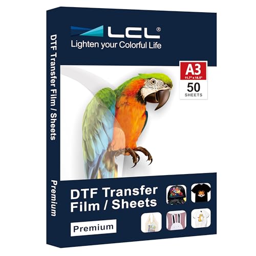 LCL DTF Transferfolie Papier DTF A3(29.7cm x 42cm) - 50 Blatt, Premium doppelseitig Matt Klar PreTreat Blätter - Pet Wärmetransfersferpapier für Sublimationsdrucker von LCL