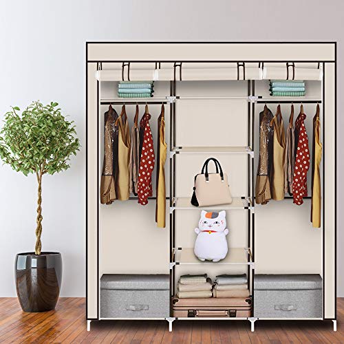 LEADZM Kleiderschrank, Faltschrank Stoffschrank Faltbare Garderobe Canvas mit Reißverschluss, Fächern, für Schlafzimmer, Wohnzimmer (Beige-1, 150 x 45 x 175 cm) von LEADZM