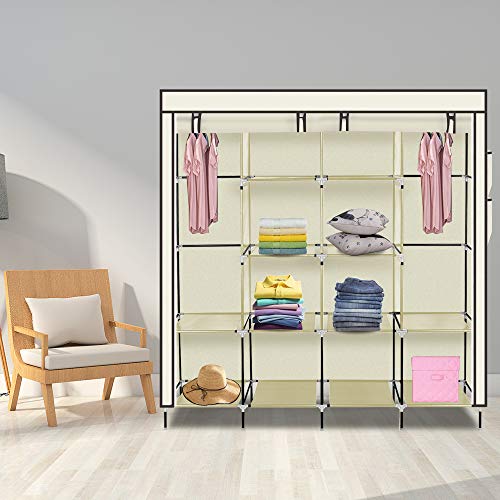 LEADZM Kleiderschrank Faltschrank Stoffschrank Faltbare Garderobe Canvas mit Reißverschluss Stoffschrank Kleiderschrank mit Kleiderstange, Fächern, 169,5 x 44 x 181,5 cm (Beige) von LEADZM