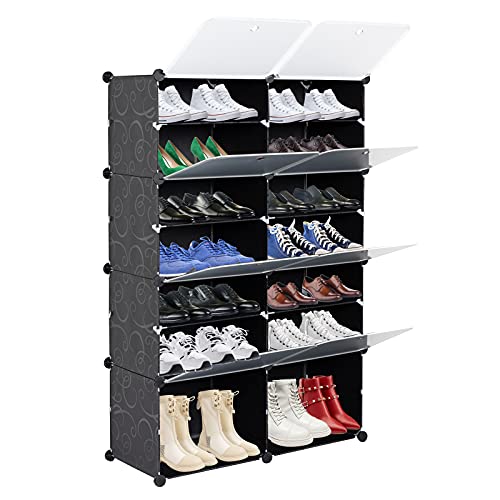 LEADZM Schuhschrank, 7-stufiger Schuhregal, Steckregal aus Kunststoff, mit Türen, Schuhaufbewahrung für 28 Paar Schuhe,für Schrank Flur Schlafzimmer, 80 x 30 x 120 cm, Schwarz von LEADZM