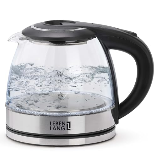 LEBENLANG Glas Wasserkocher klein - 1 Liter & BPA Frei - Inkl. LED Beleuchtung I Mini Wasserkocher Glas Glaswasserkocher leise I Reisewasserkocher kleiner Wasser Kocher 1L Water heater boiler kettle von LEBENLANG