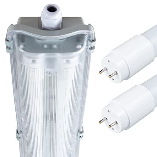 proventa IP65 LED-Feuchtraumleuchte 120cm mit 2x 18W LED-Röhre neutralweiß 4.320 Lumen Klappdeckel Steckklemme Kabeleinführung bis NYM-J 3x2,5mm² von LED's light