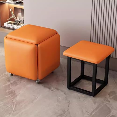 LEIYTFE 5 In 1 PU-Leder-Sitzmöbel Stapelbares Sofa Stuhl Hocker Moderne Ottomane Cube Mit Schwenkrollen, Partyhocker Teetisch Hocker Fußstütze Stapelbar Bank (Color : Orange, Size : 35cm) von LEIYTFE