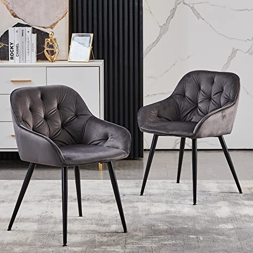 LEMROE Samt Esszimmerstühle 2er Set gepolsterte Küchenstühle mit Armlehnen und Metallbeinen Lounge Chair für Wohnzimmer Empfangsstuhl für Büro (Grün) (Grau) von LEMROE