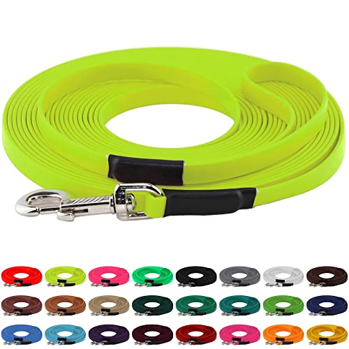 LENNIE BioThane Schleppleine, 19mm, Hunde ab 35kg, 30m lang, mit Handschlaufe, Neon-Gelb, genäht von LENNIE