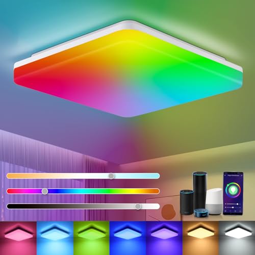 LED Deckenleuchte Alexa, Smart Deckenlampe Dimmbar RGB, 18W 1800LM Deckenlampe LED Farbwechsel, Kompatibel mit Alexa APP Google Assistant, IP54 Smart Home Lampe für Schlafzimmer Wohnzimmer von LEOEU