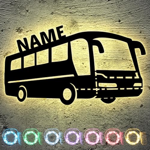 Bus LED Deko Schlummerlicht Nachtlicht Auto Wandlicht Wandlampe personalisiert mit Wunsch Name Lasergravur Abendlicht Kinderzimmer Geschenk zum Geburtstag Taufen von LEON FOLIEN