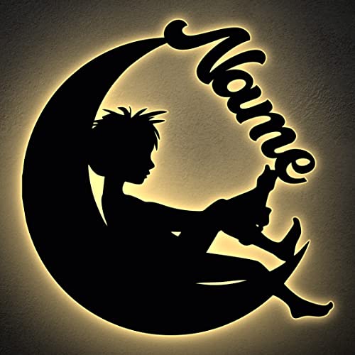 Led Deko Schlummerlicht Nachtlicht Mond - Junge personalisiert mit Namen geschenke lampe Kilnder holzschild von LEON FOLIEN