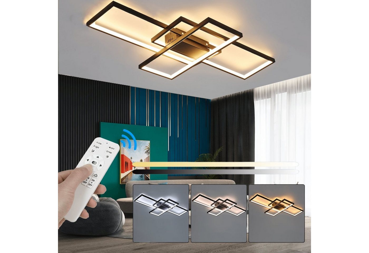 LETGOSPT Deckenleuchte 60W LED Deckenleuchte Dimmbar Modern Deckenlampe Wohnzimmerlampe, LED fest integriert, Kaltweiß, Naturweiß, Warmweiß, Geometrisch Wandlampe Multifunktional Deckenbeleuchtung, 90x50x5.5cm von LETGOSPT