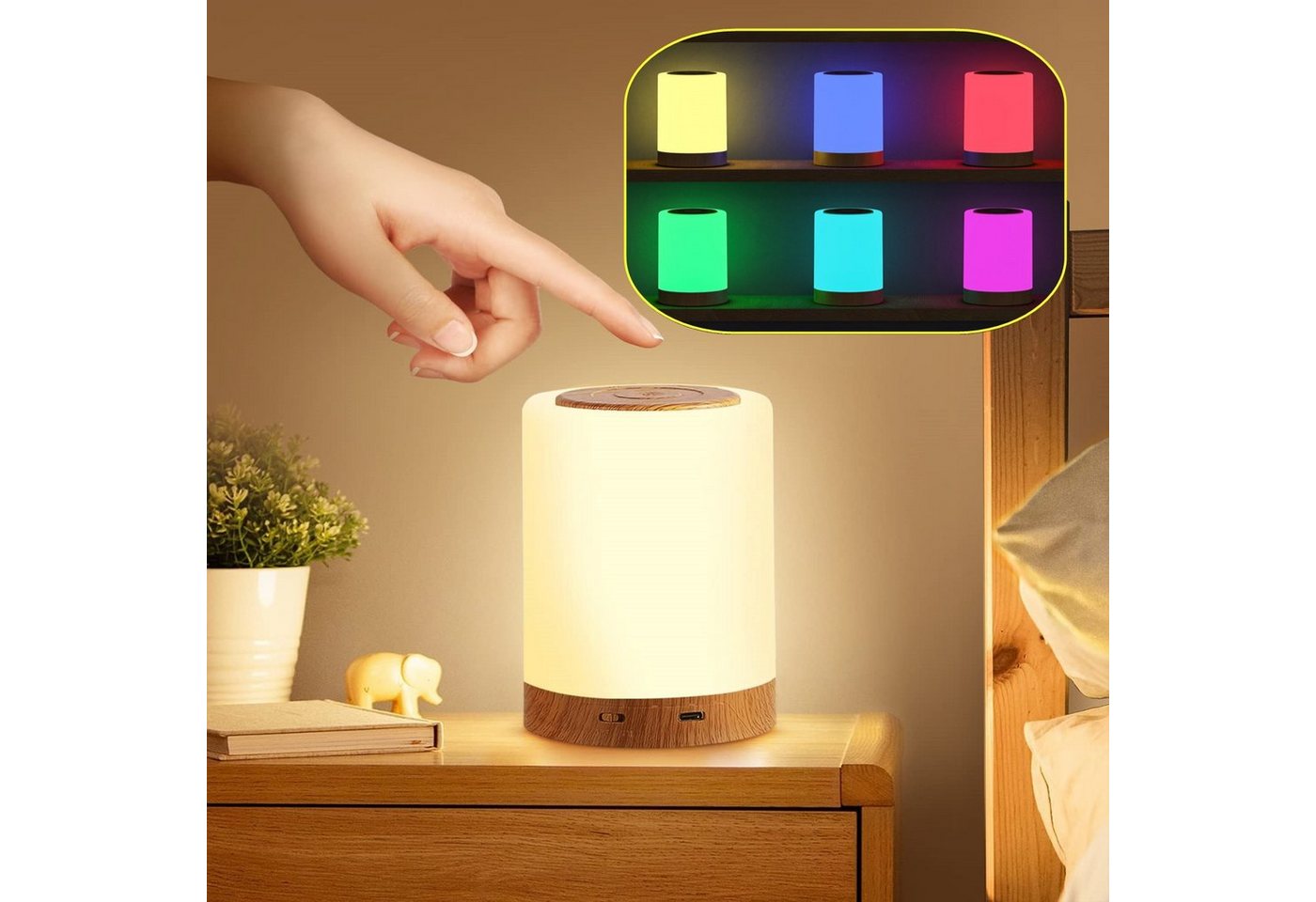 LETGOSPT LED Nachtlicht LED Nachttischlampe, USB Touch Dimmbar Tischlampe für Schlafzimmer, LED fest integriert, Bunt, Touch Dimmbar mit 13 Farben und 4 Helligkeit, USB Aufladbar von LETGOSPT