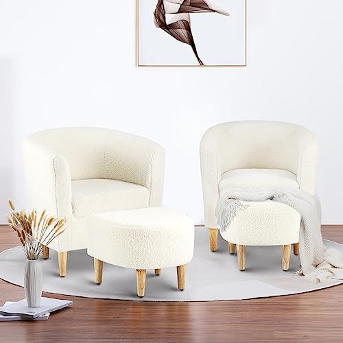 LEUTED 2er Set Sessel mit hocker, Sessel Wohnzimmer Weiß, Lesesessel aus Teddy-Stoff ist bequem, Ohrensessel, Fernsehsessel Relaxsessel Cocktailsessel Clubsessel für Büro, Wohnung, Schlafzimmer von LEUTED