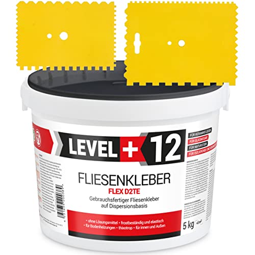 Fertig Fliesenkleber 5kg Weiß + 2St. Zahnspachtel Kunstoff Steinkleber Flexmörtel Dispersions-Kleber SET RM12 TR von LEVEL+