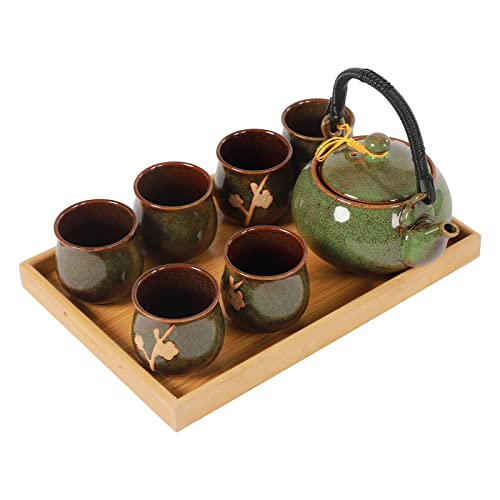 LGODDYS Teekanne Porzellan Set Blume Vintage Chinesisch Keramik japanisches Teeservice mit Rattan Griff Teeservice mit 1 Teekannen 6 Teetassen 1 Tablett von LGODDYS
