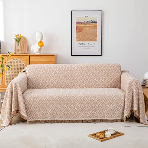LHGOGO Überwurfdecken für Sofa Groß Vielseitig Sofaüberwurf Couch Überwurf Sofa Tagesdecke mit Dekorativen Fransen 180x230cm, Beige von LHGOGO