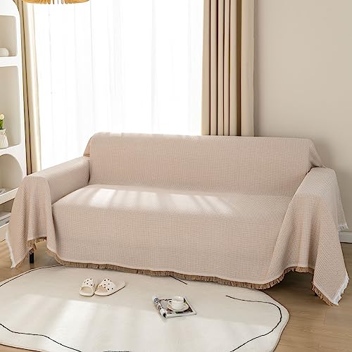 LHGOGO Waffel Sofa Überwurfdecke 180x230cm Große 2 Sitzer Sofaüberwurf Vielseitige Wohndecke als Sofadecke, Couch Überwürf, Sofa Überzug und Tagesdecke mit Deko Quasten - Beige von LHGOGO