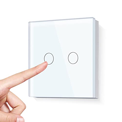 LIAONFOY 2 Fach 1 Wege Intelligenter WIFI Touch Schalter Wandleuchtenschalter Sensor Glas Touchscreen Arbeiten mit Alexa tuya Google Home Weiß 2.4GHz Neutrale Linie erforderlich von LIAONFOY